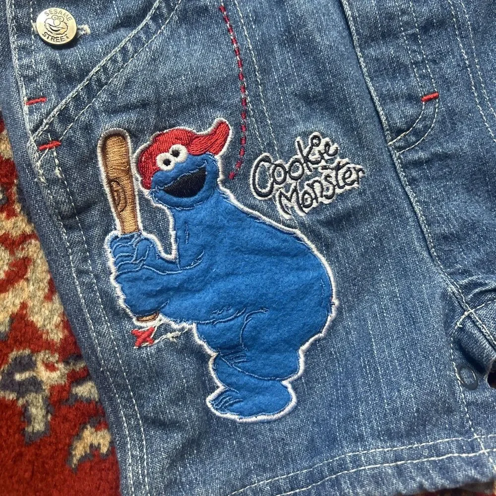 Vtg Elmo Cookie Monster Sesame Street Denim Overalls Sz 6-9 Months Embroidered